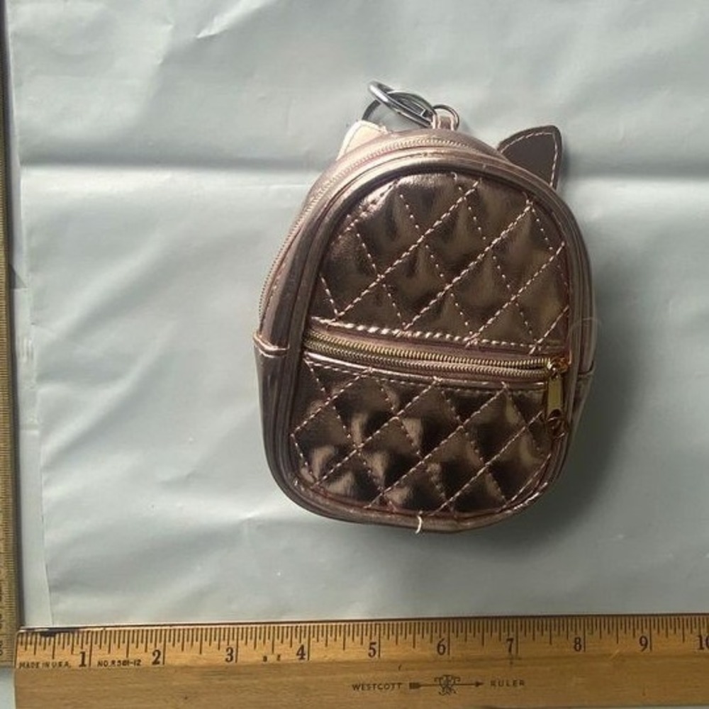 Rose Gold Quilted Mini Backpack With Cat Ears Keychain
